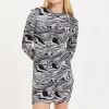 House of Holland Monochrome Swirl Print Ruched Mini Dress In Black&Whi