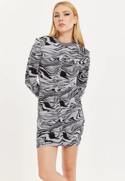 House of Holland Monochrome Swirl Print Ruched Mini Dress In Black&Whi