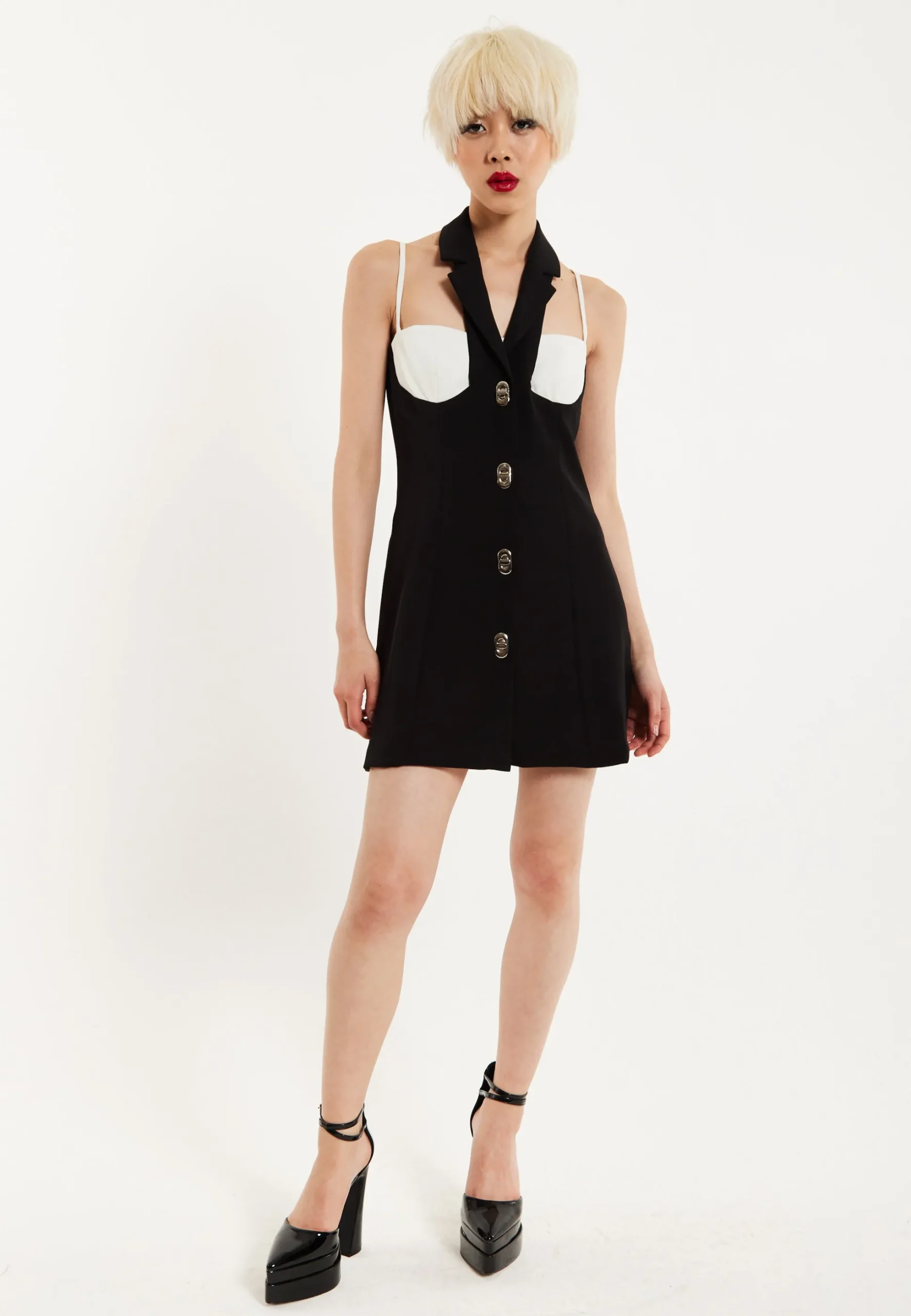 House Of Holland Monochrome Lapel Lock Blazer Dress Black