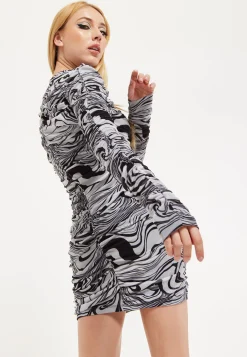 House of Holland Monochrome Swirl Print Ruched Mini Dress In Black&Whi