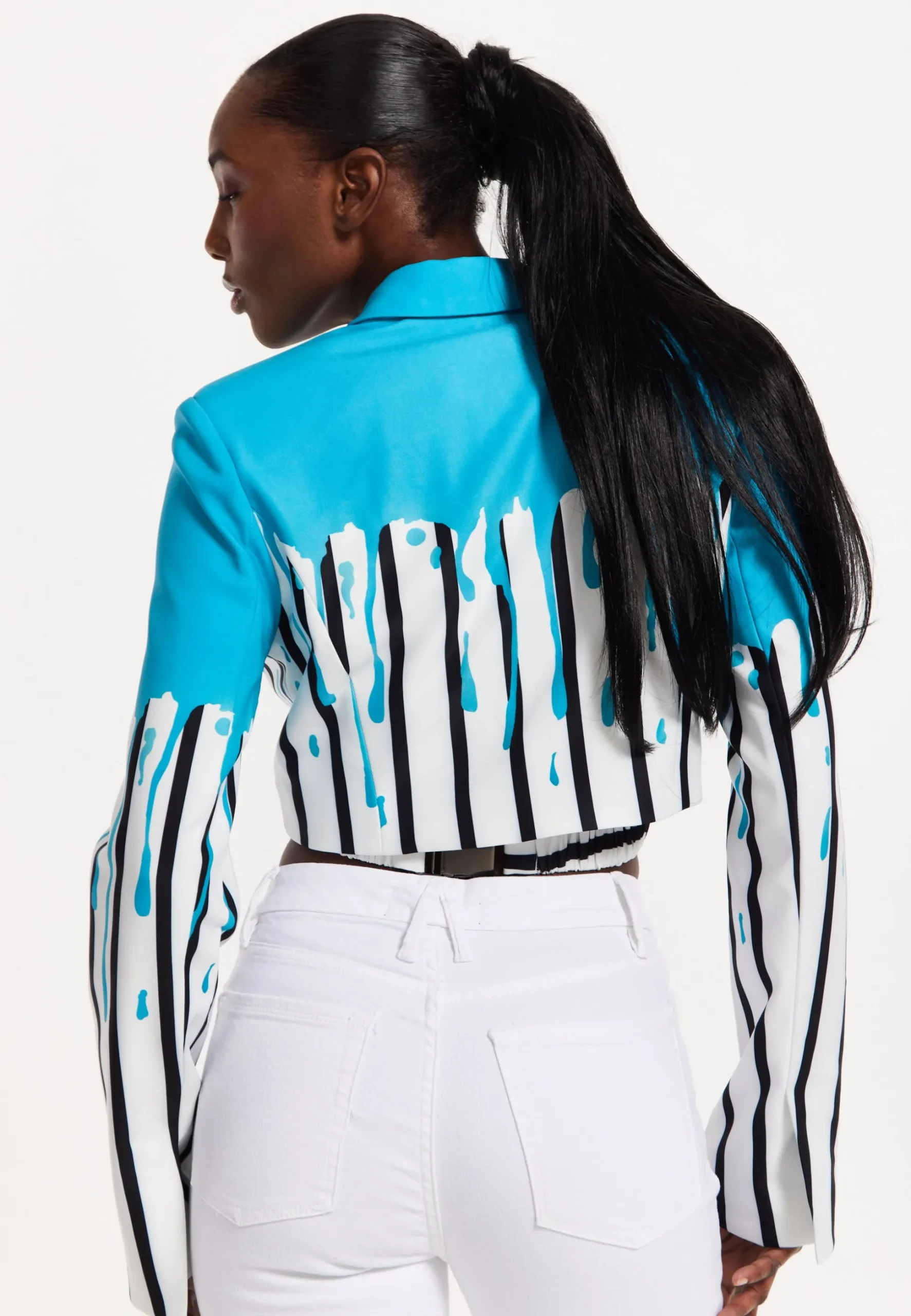House of Holland Monochrome Stripe Blue Splash Cropped Blazer