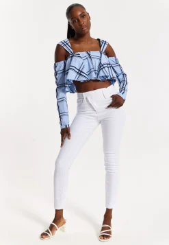 House of Holland Navy Check Ruffle Cold Shoulder Crop Blouse