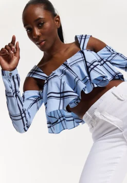 House of Holland Navy Check Ruffle Cold Shoulder Crop Blouse