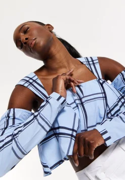 House of Holland Navy Check Ruffle Cold Shoulder Crop Blouse
