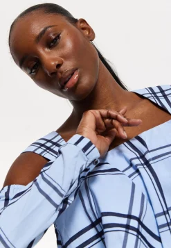 House of Holland Navy Check Ruffle Cold Shoulder Crop Blouse