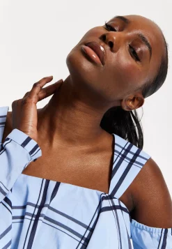 House of Holland Navy Check Ruffle Cold Shoulder Crop Blouse