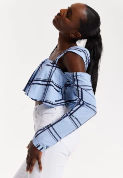 House of Holland Navy Check Ruffle Cold Shoulder Crop Blouse