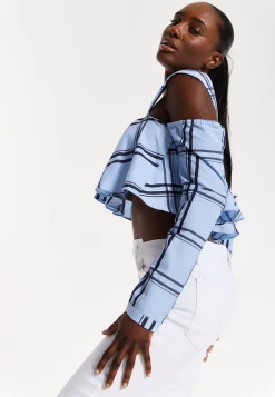 House of Holland Navy Check Ruffle Cold Shoulder Crop Blouse