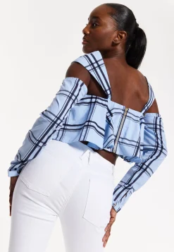 House of Holland Navy Check Ruffle Cold Shoulder Crop Blouse