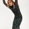 HOUSE OF HOLLAND NEON GREEN AND PINK FLAME PRINT MESH MIDI DRESS WITH