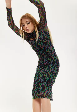 HOUSE OF HOLLAND NEON GREEN AND PINK FLAME PRINT MESH MIDI DRESS WITH
