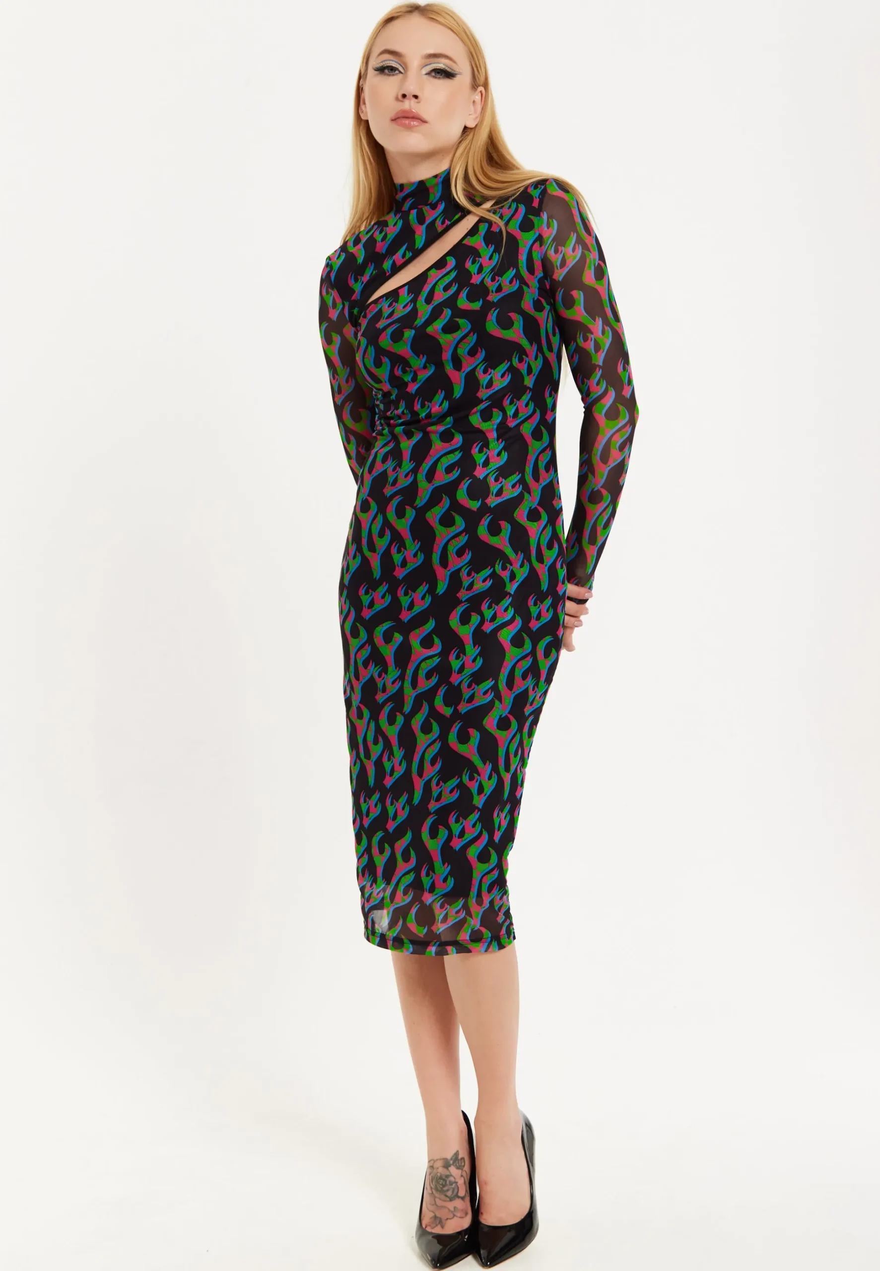 HOUSE OF HOLLAND NEON GREEN AND PINK FLAME PRINT MESH MIDI DRESS WITH