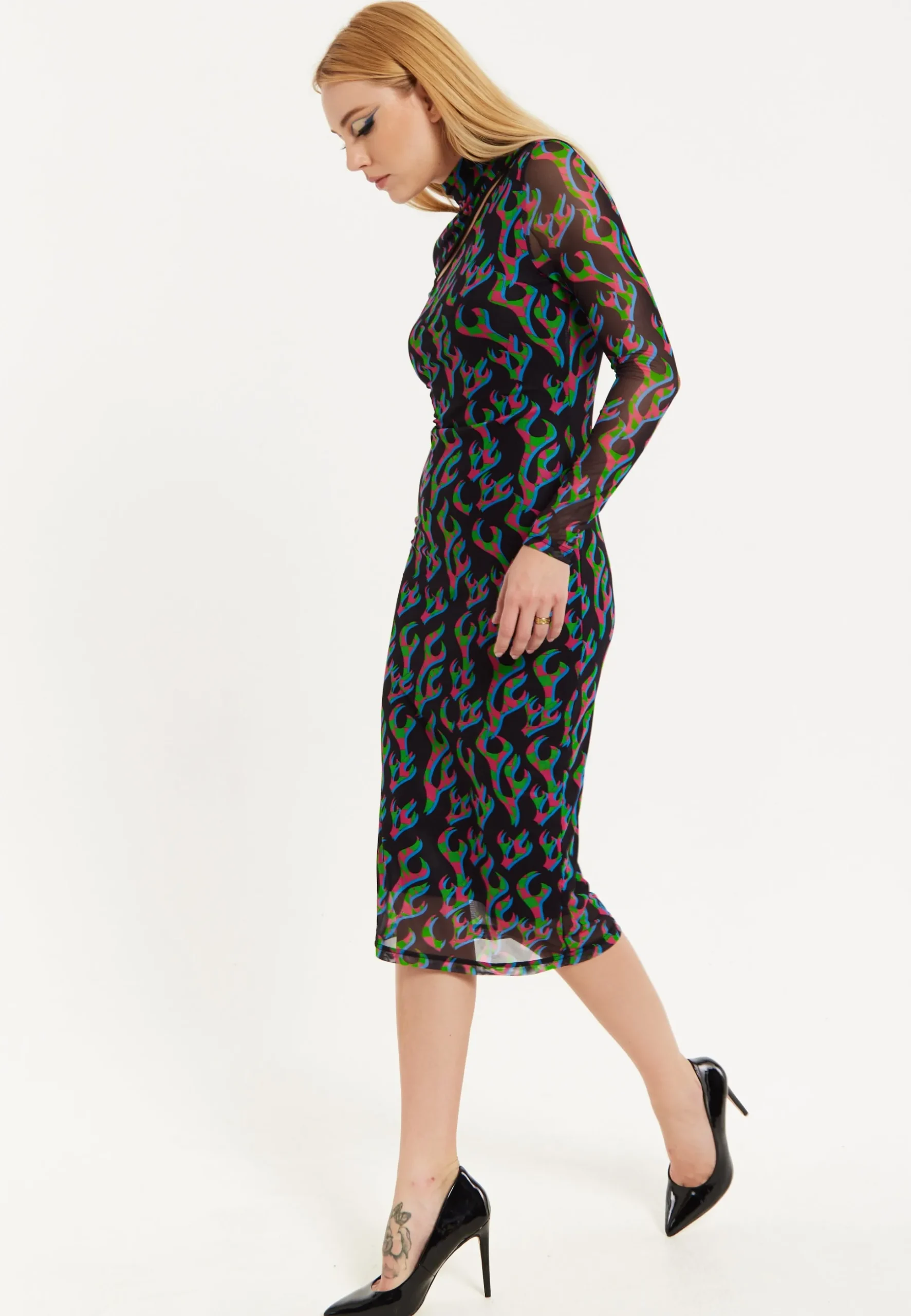 HOUSE OF HOLLAND NEON GREEN AND PINK FLAME PRINT MESH MIDI DRESS WITH