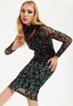 HOUSE OF HOLLAND NEON GREEN AND PINK FLAME PRINT MESH MIDI DRESS WITH
