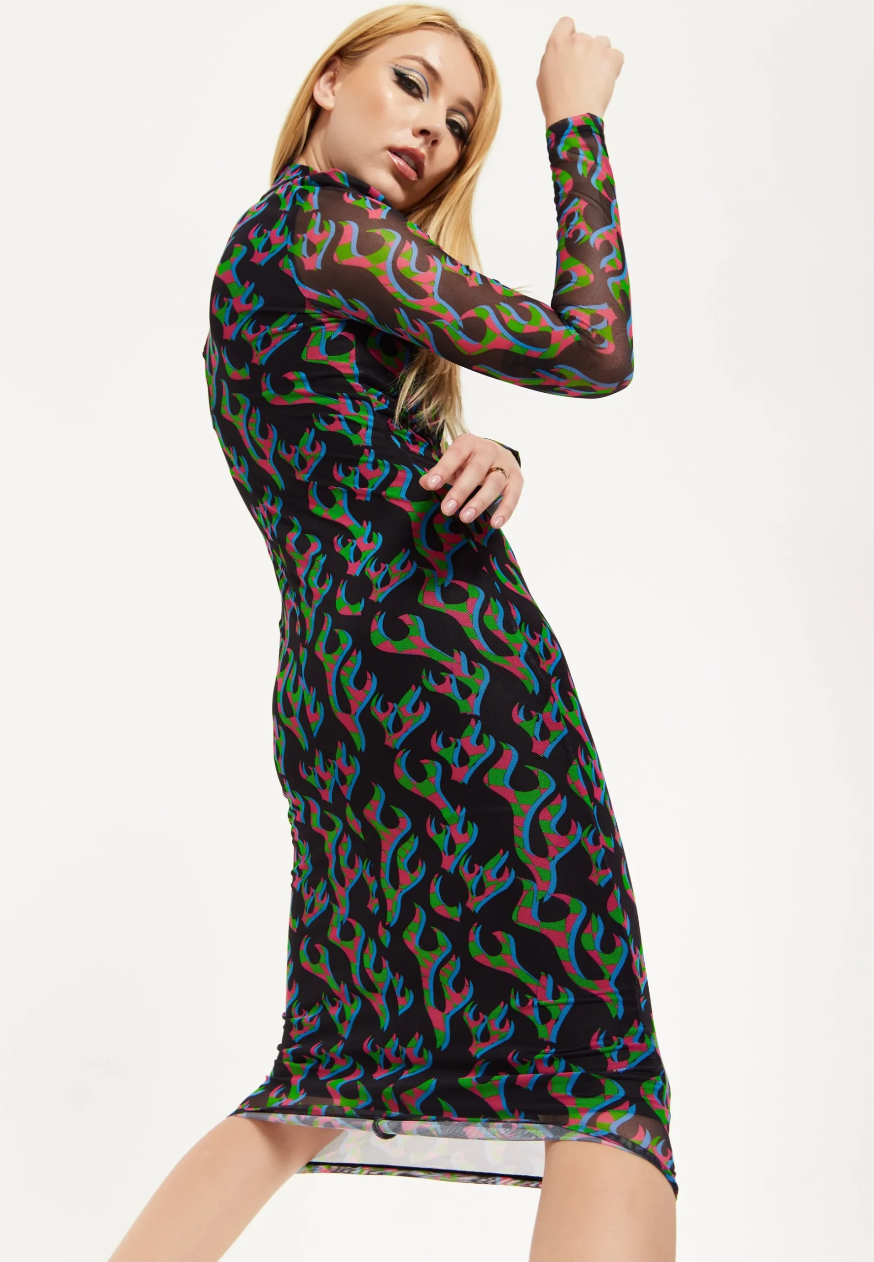 HOUSE OF HOLLAND NEON GREEN AND PINK FLAME PRINT MESH MIDI DRESS WITH