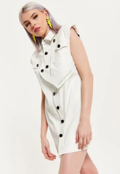 House of Holland Off-White Rocker Faux Leather Twist Button-Down Dress