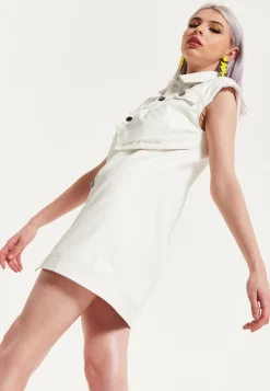 House of Holland Off-White Rocker Faux Leather Twist Button-Down Dress