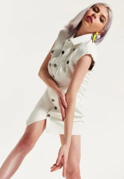 House of Holland Off-White Rocker Faux Leather Twist Button-Down Dress