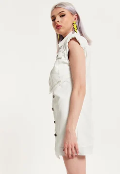 House of Holland Off-White Rocker Faux Leather Twist Button-Down Dress