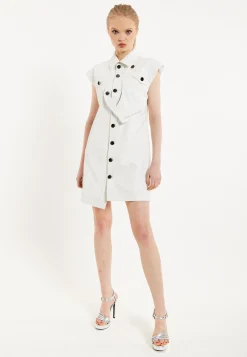 House of Holland Off-White Rocker Faux Leather Twist Button-Down Dress