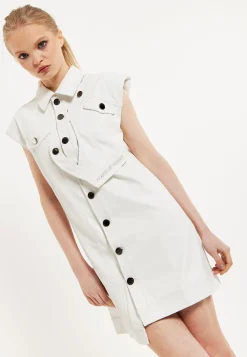 House of Holland Off-White Rocker Faux Leather Twist Button-Down Dress