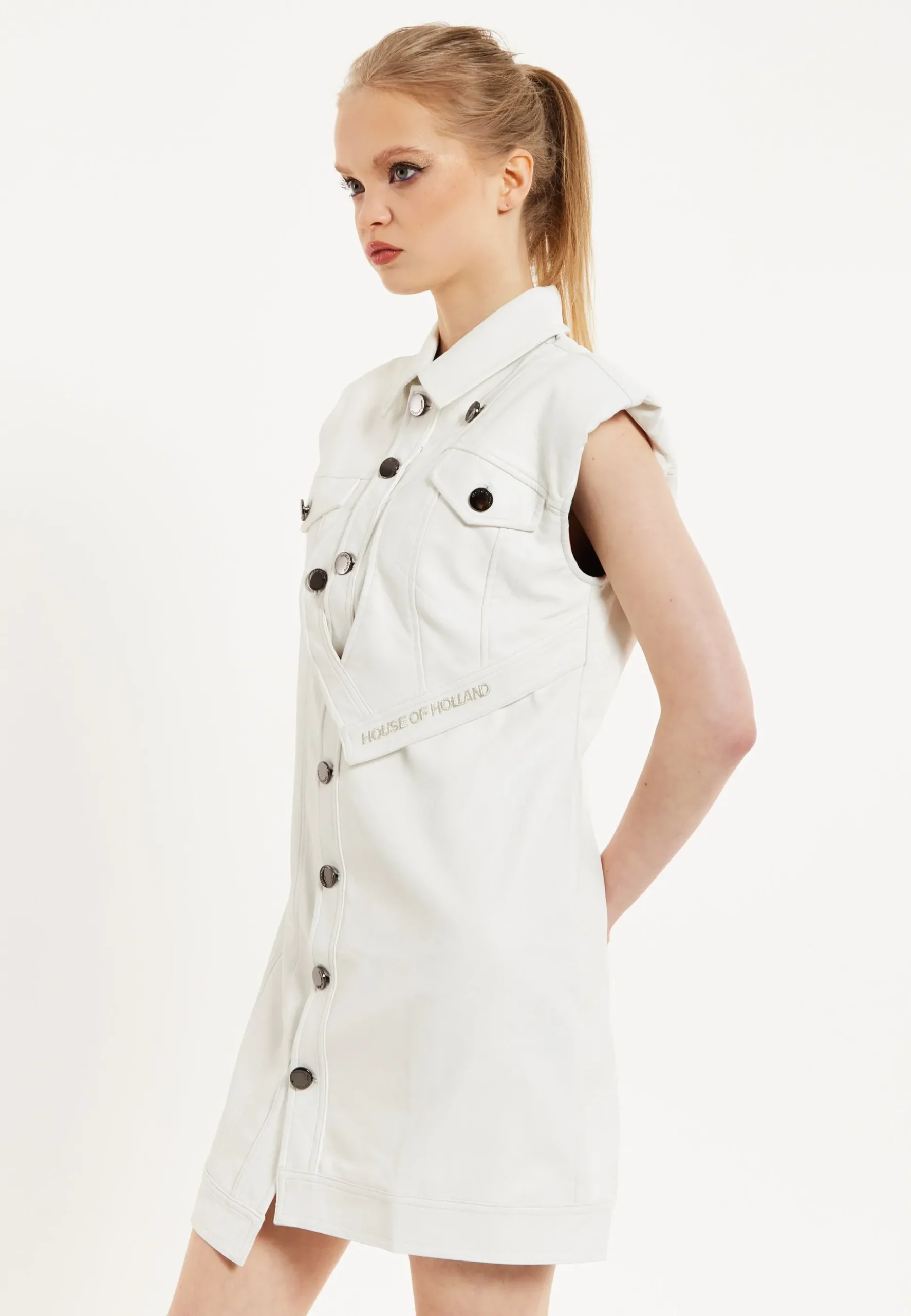 House of Holland Off-White Rocker Faux Leather Twist Button-Down Dress