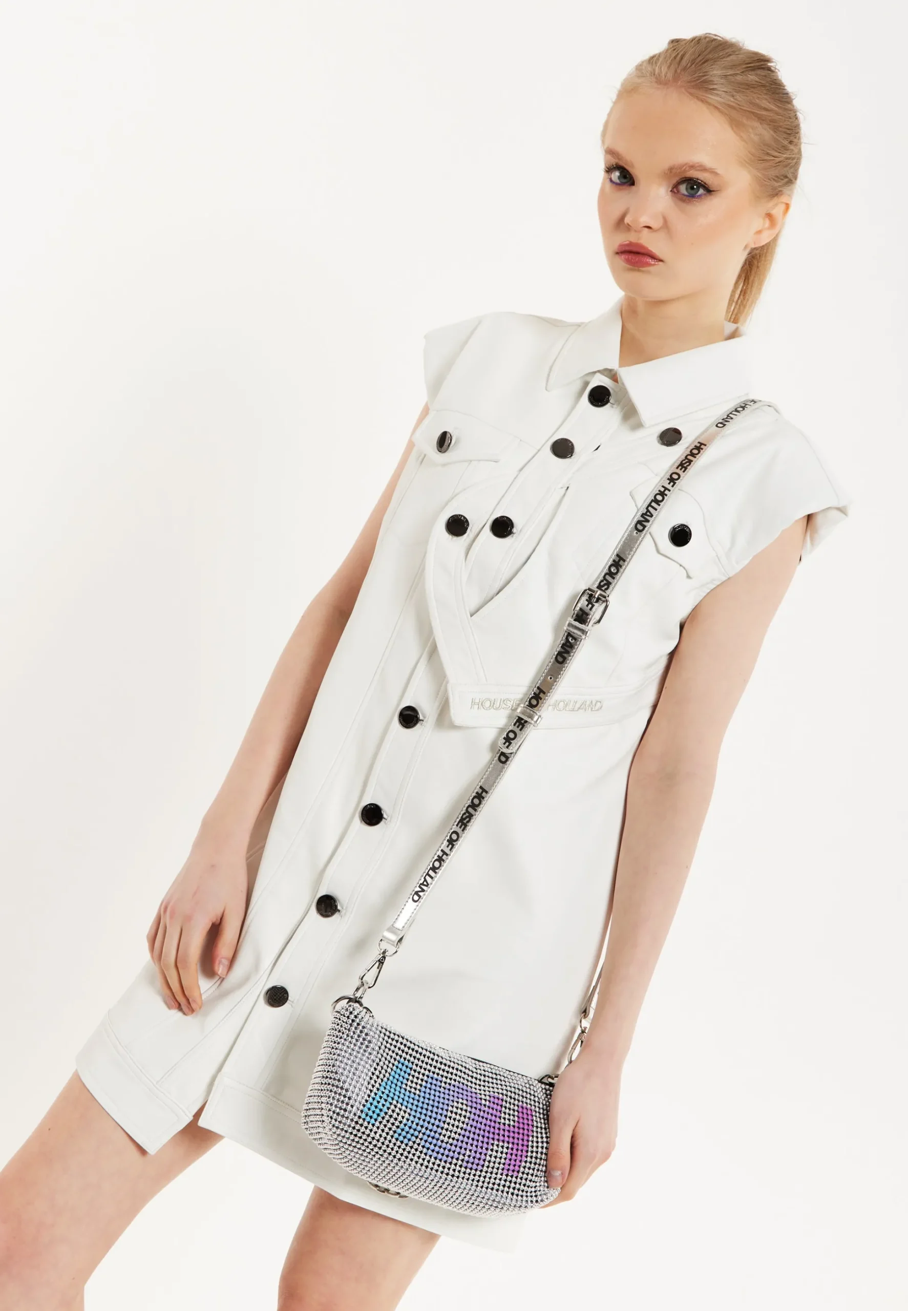 House of Holland Off-White Rocker Faux Leather Twist Button-Down Dress