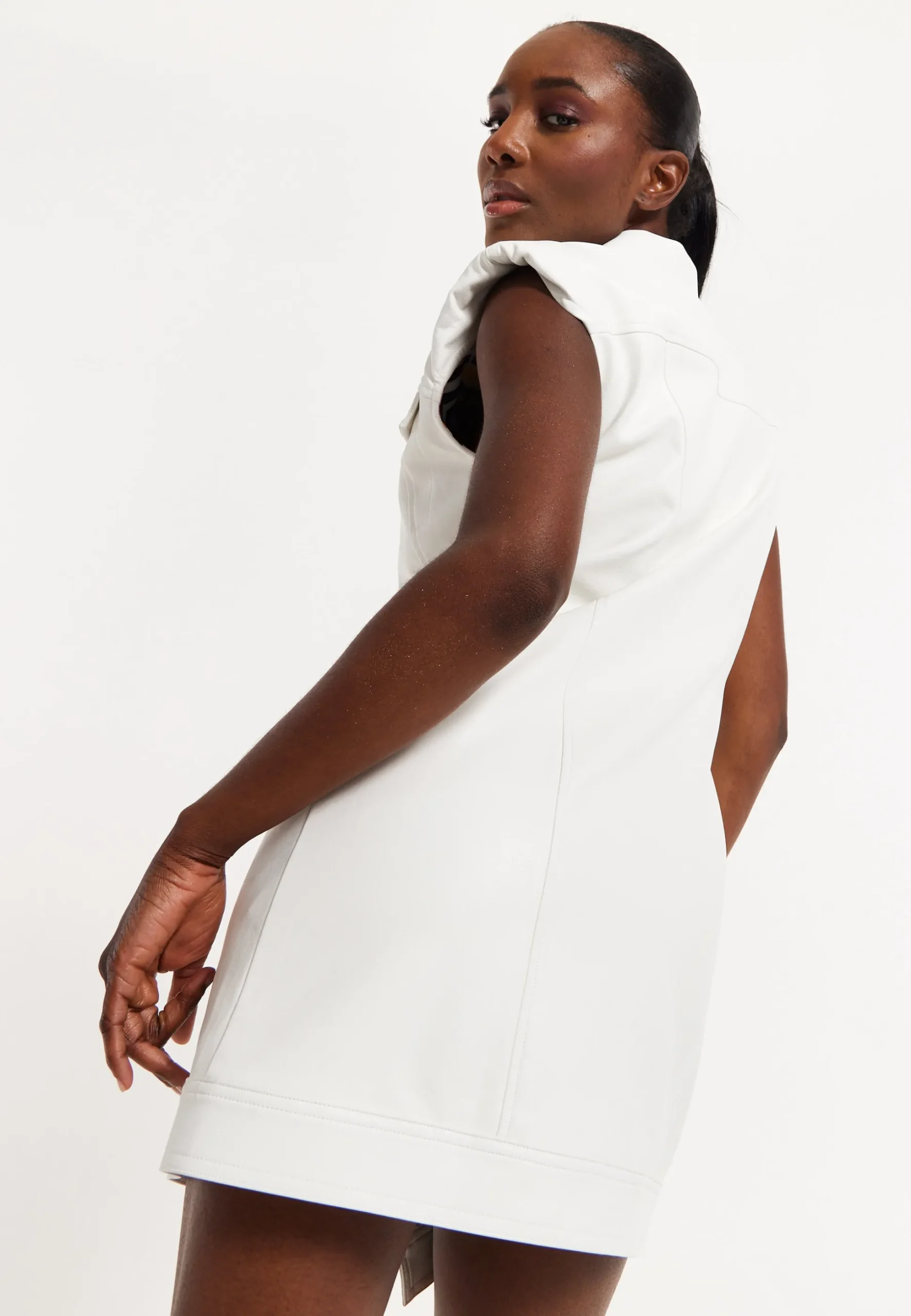 House of Holland Off-White Rocker Faux Leather Twist Button-Down Dress