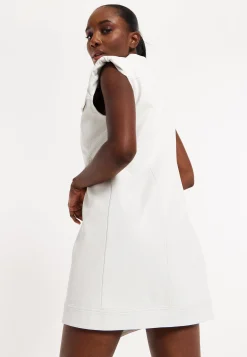 House of Holland Off-White Rocker Faux Leather Twist Button-Down Dress