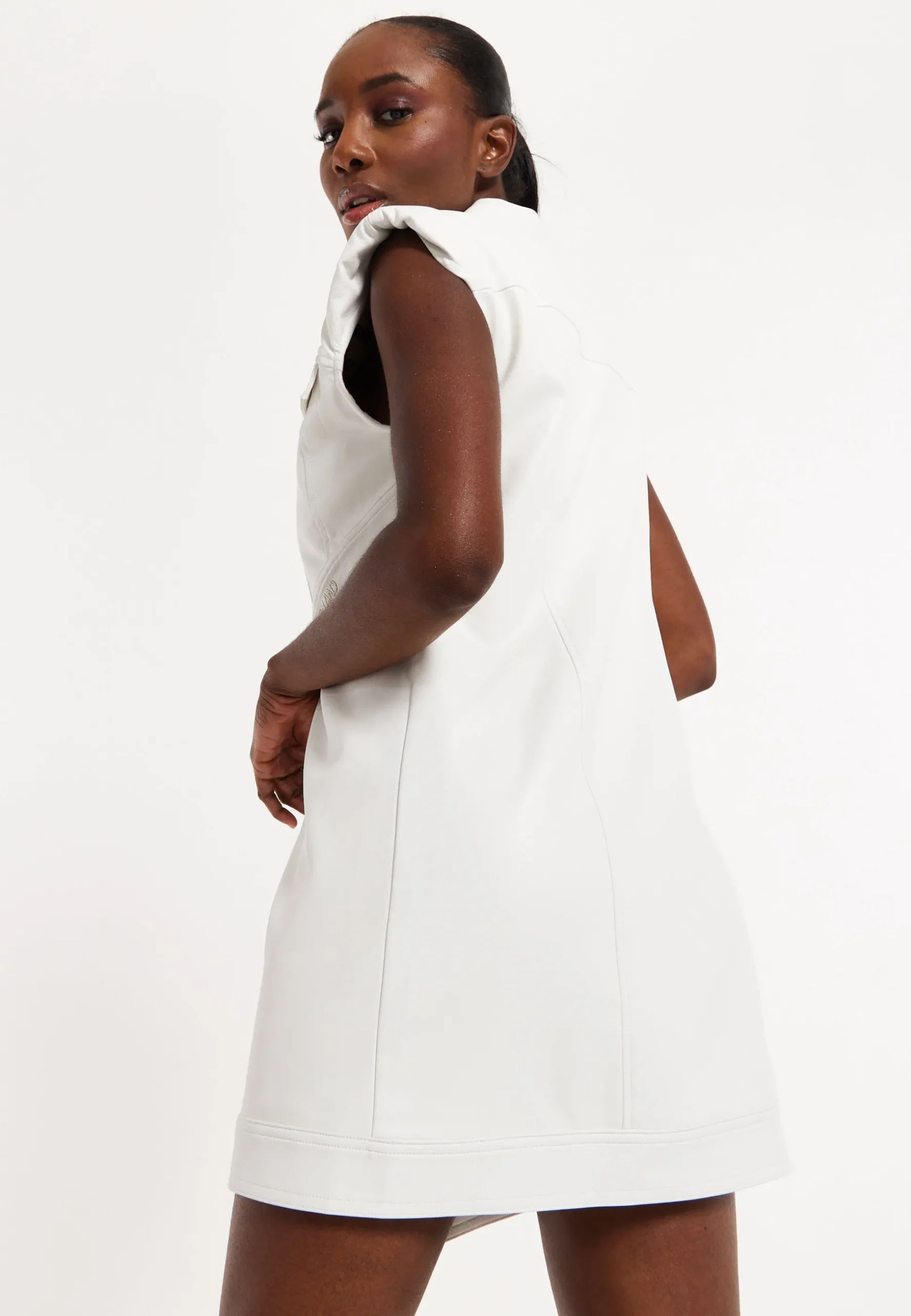 House of Holland Off-White Rocker Faux Leather Twist Button-Down Dress