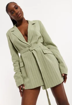 House of Holland Oversized Green Stripe Belted Blazer