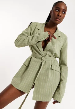 House of Holland Oversized Green Stripe Belted Blazer