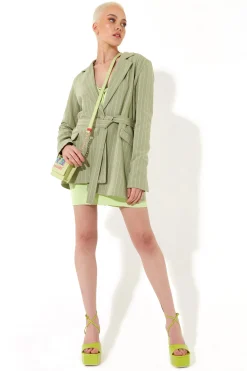 House of Holland Oversized Green Stripe Belted Blazer