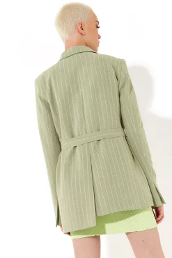 House of Holland Oversized Green Stripe Belted Blazer