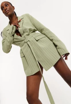 House of Holland Oversized Green Stripe Belted Blazer