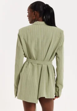 House of Holland Oversized Green Stripe Belted Blazer