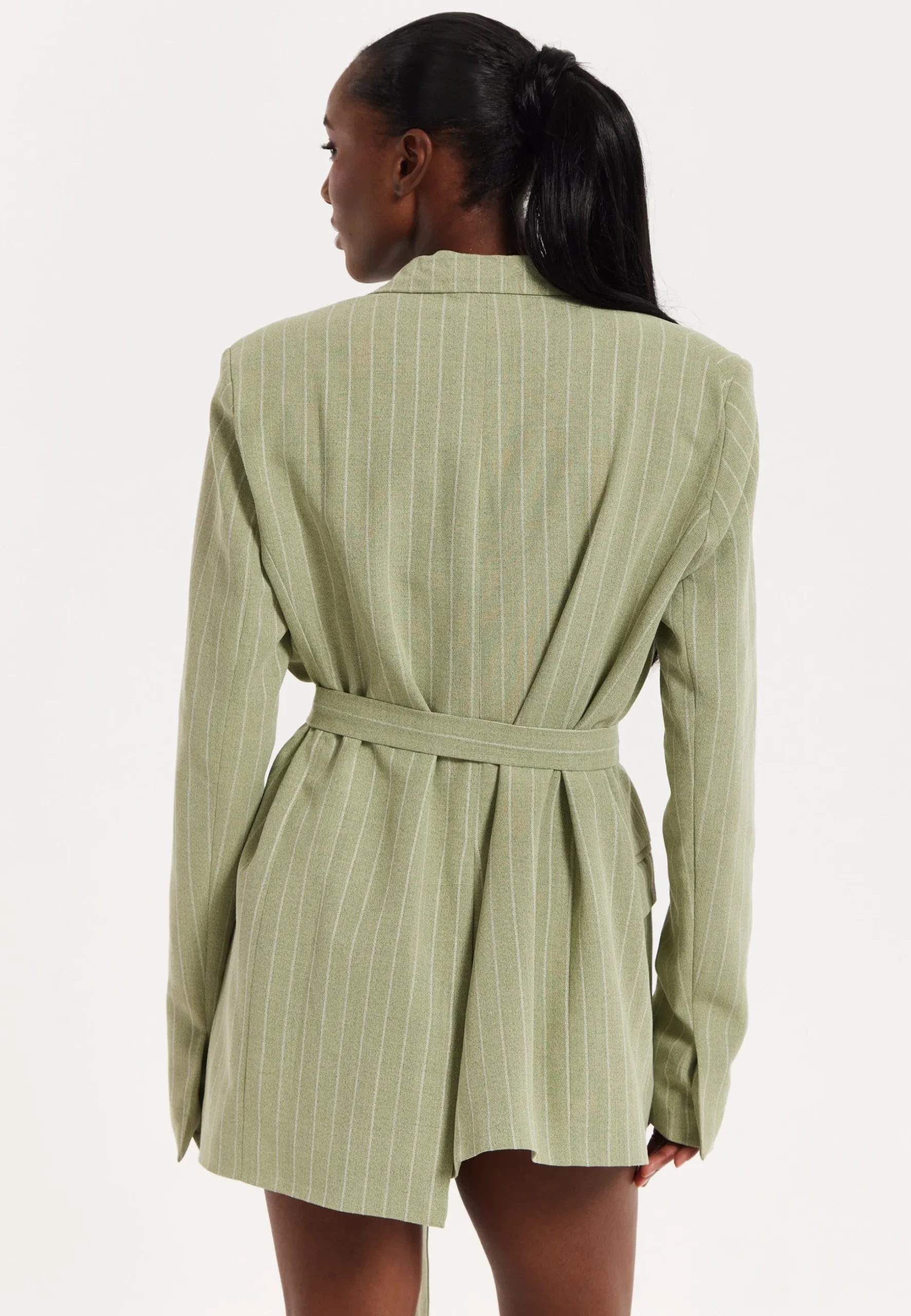 House of Holland Oversized Green Stripe Belted Blazer