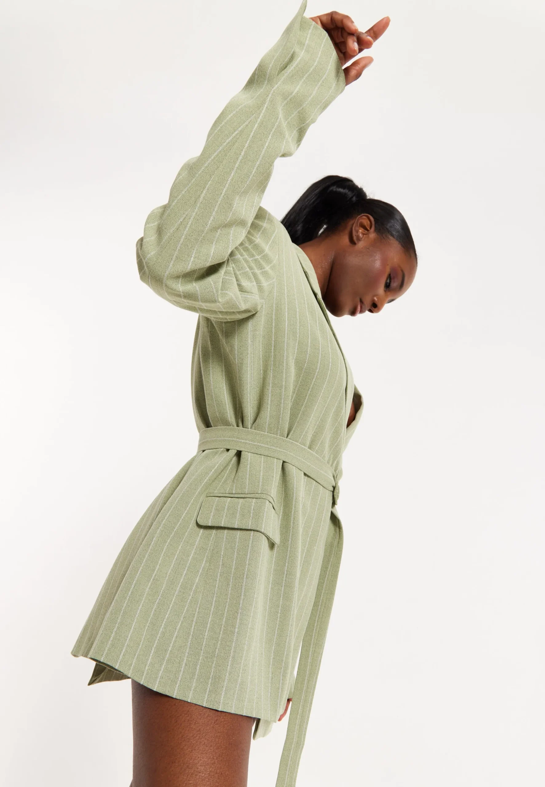 House of Holland Oversized Green Stripe Belted Blazer