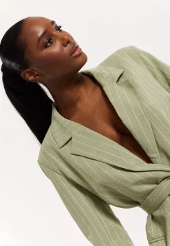 House of Holland Oversized Green Stripe Belted Blazer