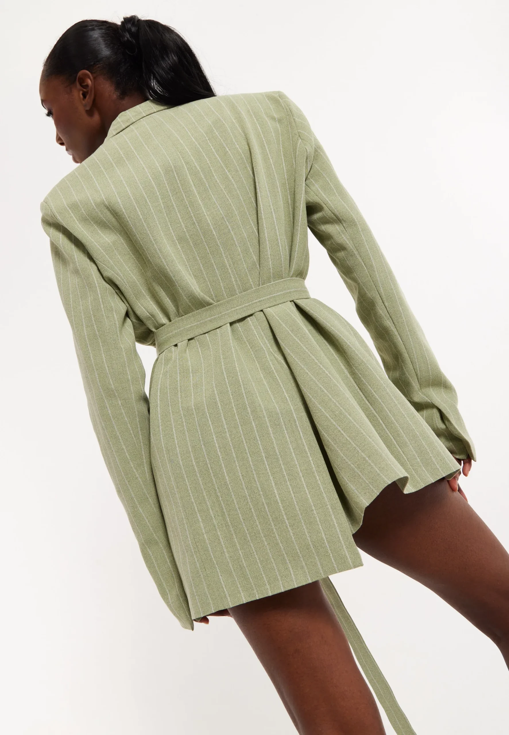 House of Holland Oversized Green Stripe Belted Blazer