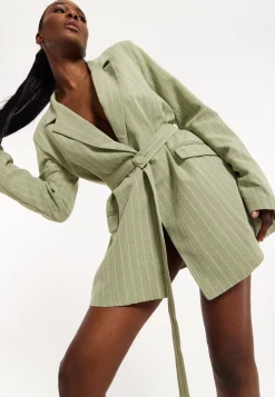 House of Holland Oversized Green Stripe Belted Blazer