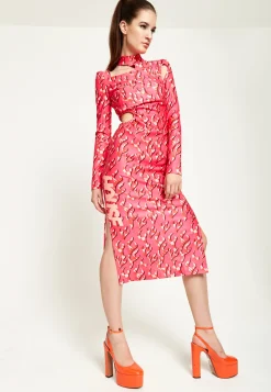 House Of Holland Pink Flame Clashing Colours Midi Dress With Cut Out D