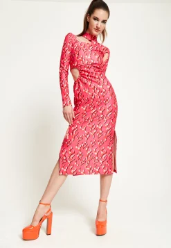 House Of Holland Pink Flame Clashing Colours Midi Dress With Cut Out D