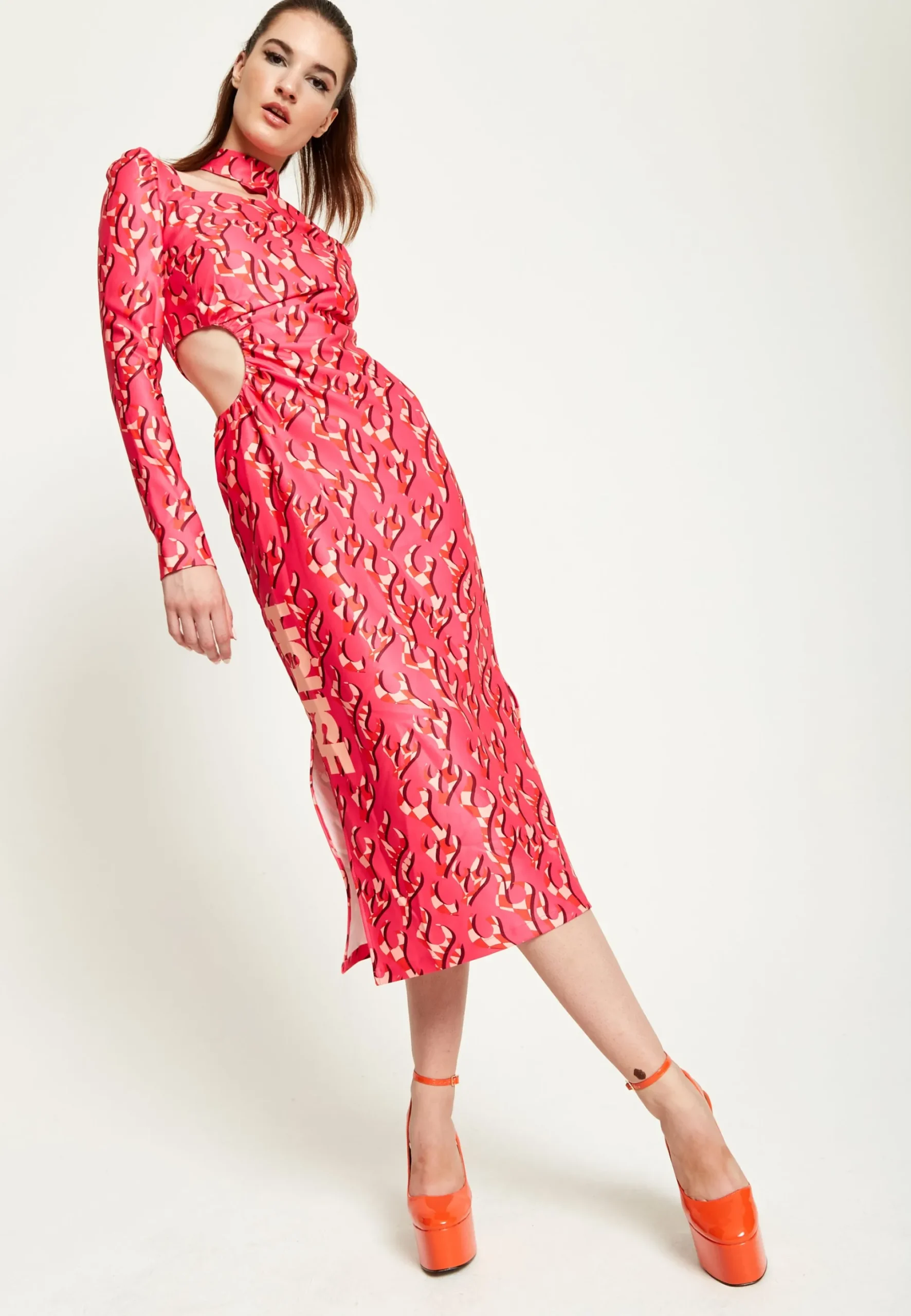 House Of Holland Pink Flame Clashing Colours Midi Dress With Cut Out D