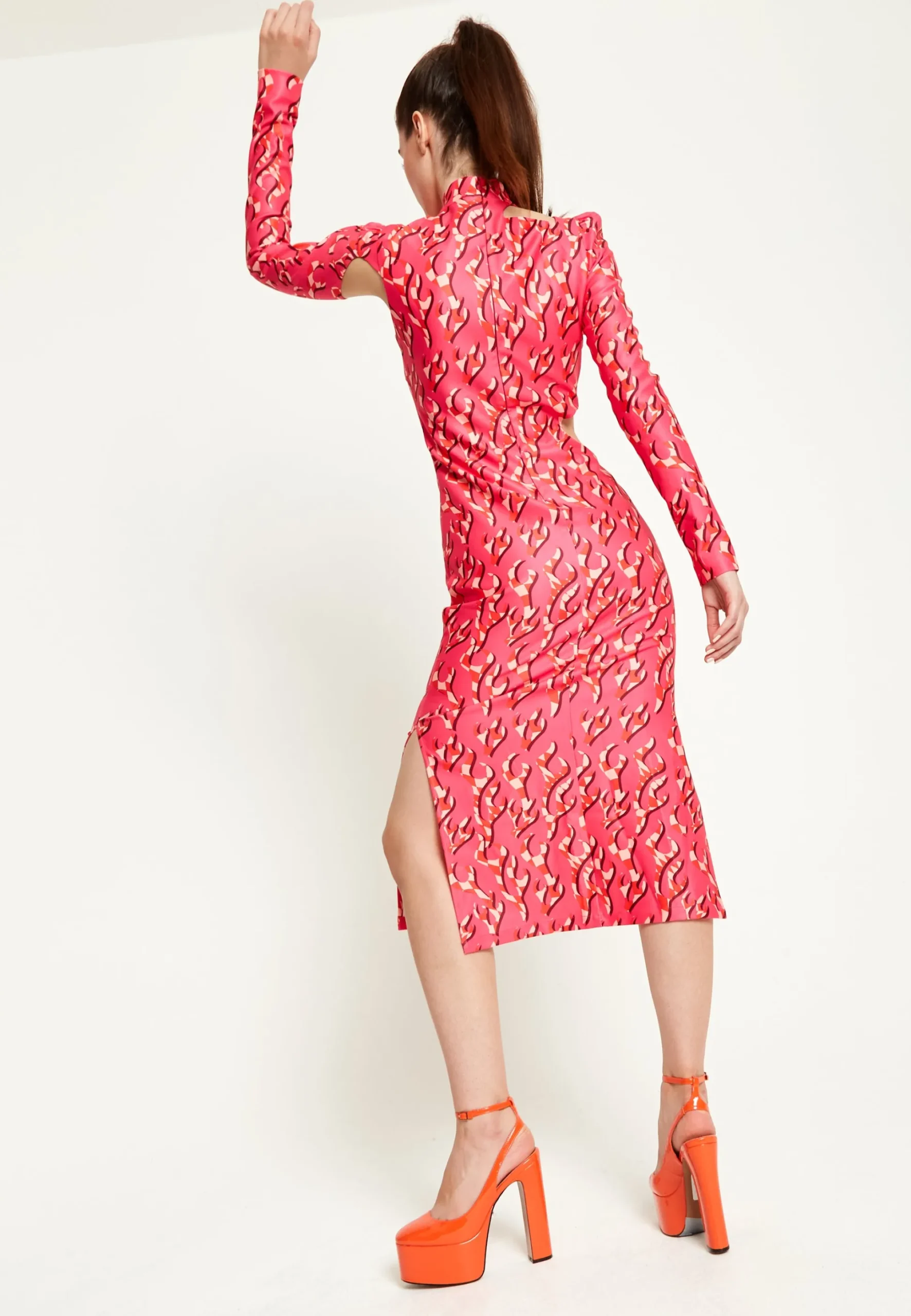 House Of Holland Pink Flame Clashing Colours Midi Dress With Cut Out D
