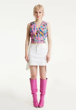 House of Holland Pink Top With Multicolour Rainbow Print