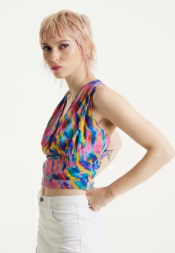 House of Holland Pink Top With Multicolour Rainbow Print