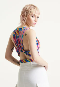 House of Holland Pink Top With Multicolour Rainbow Print