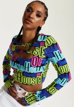 House of Holland Printed Multicolour Crop Top With Cut Out Details