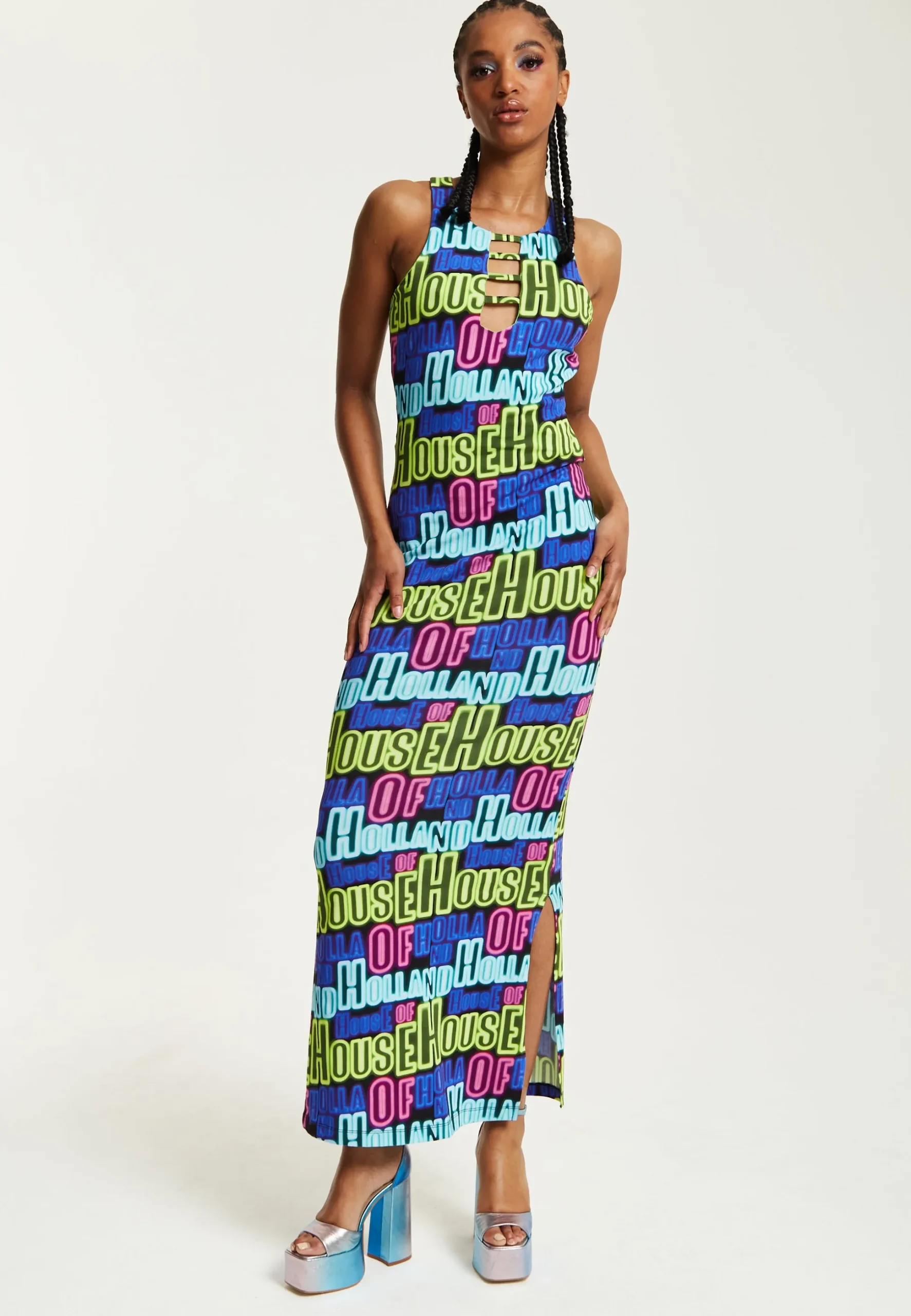 House of Holland Printed Multicolour Maxi Dress With Cut Out Details